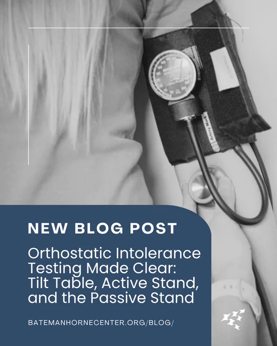 Arm with blood pressure cuff and stethoscope; banner: new blog post about orthostatic intolerance testing methods.