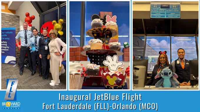 Inaugural JetBlue Flight
Fort Lauderdale (FLL) to Orlando (MCO)
FLL, Broward County, Florida
A three-photo collage of 
JetBlue crew and passenger pose for a photo
Disney-themed cupcake display 
JetBlue gate agents pose with a Stitch plush toy from Disney.