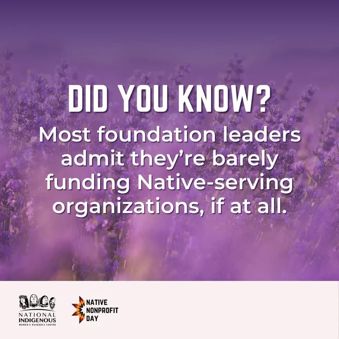 A text graphic with a lavender field background reads: "DID YOU KNOW? Most foundation leaders admit they're barely funding Native-serving organizations, if at all." Logos for the National Indigenous Women's Resource Center and Native Nonprofit Day are at the bottom.