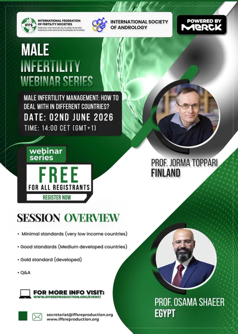 Free Webinar!!

IFFS - ISA Male Infertility Webinar Series: How to deal with -in different countries [Powered by @merckgroup ]

02nd June 2026 | 14:00 CET

Register now: https://us06web.zoom.us/webinar/register/WN_fRbR8ovSSBqSraB66WnqiQ

#freewebinar #healthcare #fertilitycare #doctors #nurses

