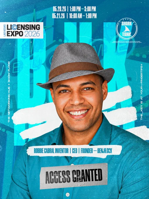 Promotional graphic featuring a smiling headshot of Robbie Cabral, Founder, CEO, and Inventor of BenjiLock, with a futuristic “signal received” design theme. The image announces Robbie appearing live at Licensing Expo at Mandalay Bay during networking hours from 10 AM to 1 PM, with BenjiLock branding and messaging focused on innovation, technology, and unlocking potential.
