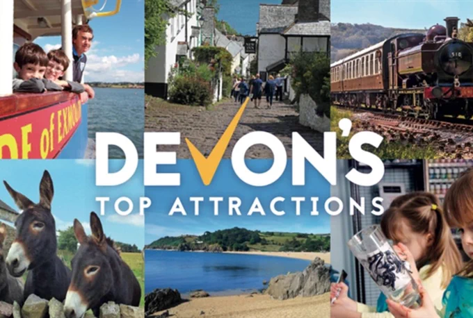 A collage showcasing Devon's attractions: a family on a boat, a quaint village, a vintage train, donkeys, a sandy beach, and a child with a craft