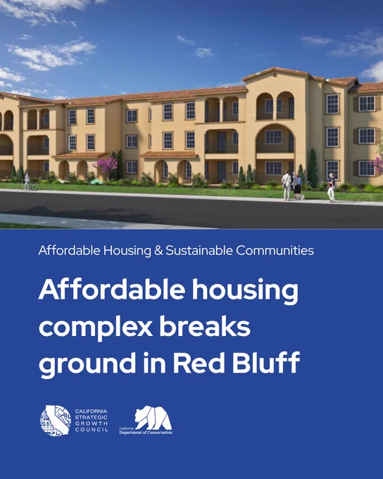 A graphic with a rendering of Palm Villas at Red Bluff, that says: Affordable housing complex breaks ground in Red Bluff.
