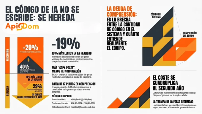 Infografía de ApiDom titulada "El código de IA no se escribe: se hereda", que analiza el impacto real del uso de asistentes de IA en el desarrollo de software a través de datos y gráficos geométricos en tonos naranja, negro y gris.A la izquierda, un gráfico de "Percepción vs. Realidad" contrasta el optimismo inicial con los datos medidos: frente a un $ 20\%$ de productividad sentida en 2024, la realidad muestra un $-19\%$ de velocidad real en cronómetro, más "copy-paste", menos refactorización y una caída de la confianza en la precisión al $29\%$ en 2025.A la derecha, la sección "La Deuda de Comprensión" ilustra con un gráfico 3D la brecha entre el gran volumen de código en el sistema y la mínima capacidad de comprensión del equipo, reducida en 17 puntos. Concluye advirtiendo sobre "La trampa de la falsa seguridad" (código menos seguro pero percibido como robusto) y que el coste de mantenimiento de este código "sin padre" se cuadruplica al segundo año.