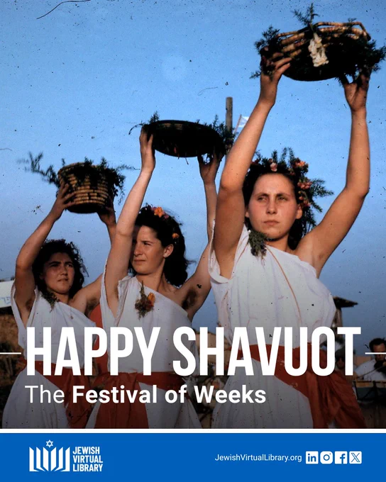 A photo of three people wearing white and holding baskets above their heads during the Bikkurim ceremony at Kibbutz Givat Haim (1951). Text reads "Happy Shavuot, The Festival of Weeks"