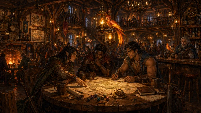 Graphic for the CIP-015 Compliance on a Budget blog shows a scene inside a warm, bustling fantasy tavern lit by lanterns and fireplaces, where a group of adventurers gathers around a large wooden table covered with maps, notes, dice, and planning tools. One character points at the map while the others study routes and discuss strategy, symbolizing collaborative planning and phased execution. A glowing phoenix perched above the group illuminates the room with EmberOT’s signature orange glow. The tavern is filled with additional travelers, wooden beams, banners, clocks, and intricate fantasy décor, creating the feeling of a central planning hub before a major quest.