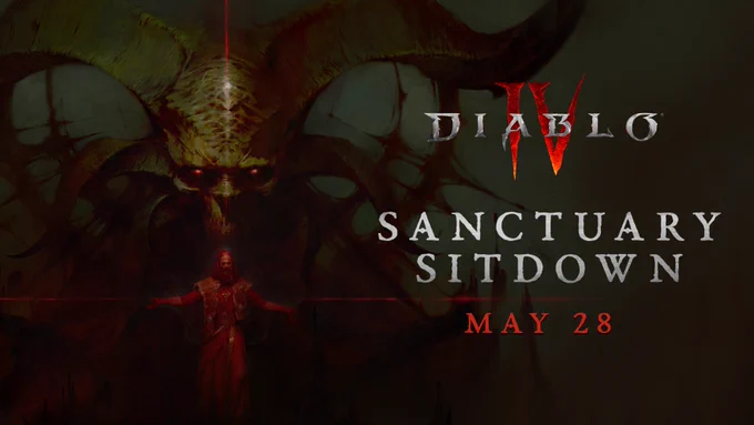 Diablo IV Sanctuary Sitdown event announcement featuring a massive horned demon looming in the background, its glowing red eyes piercing through a murky green-tinted darkness. A robed human figure stands small in the foreground, arms outstretched, bathed in deep crimson light. Text reads 'Diablo IV Sanctuary Sitdown - May 28.\u2019
