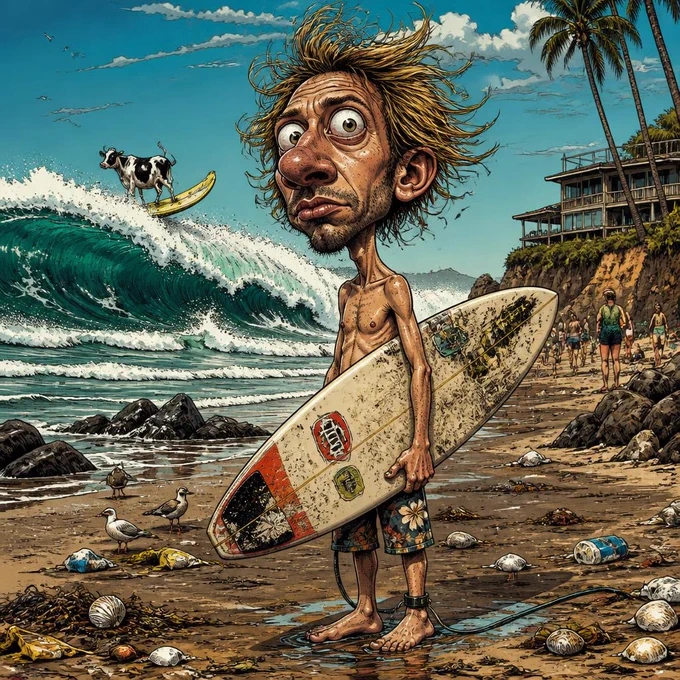 O surf também vive no caos, na comédia e nas sessões mais improváveis da vida. 🌊😂

Entre pranchas detonadas, ondas pesadas, praias bagunçadas e personagens totalmente insanos, existe aquele espírito surfista que nunca desiste da próxima onda. 

Até a vaca resolveu dropar a série perfeita. 🐄🏄‍♂️

#SurfHumor #SurfLife #BeachChaos #WaveRider #SurfCulture #SurfArt #Caricatura #SurfVibes #CrazySurf #OnlyInSurf