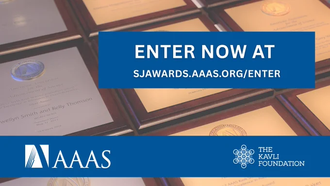Background image shows Silver and Gold plaques with names of past AAAS Kavli winners. A blue banner reads "Enter now at sjawards.aaas.org/enter" and logos for AAAS and The Kavli Foundation are displayed across the bottom.