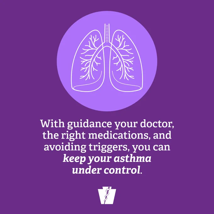 Illustration of lungs with a message about managing asthma through doctor guidance, medication, and avoiding triggers.