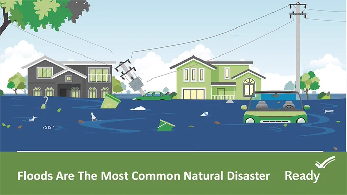 Floodwater rising into homes and the message that floods are the most common natural disaster in the United States.