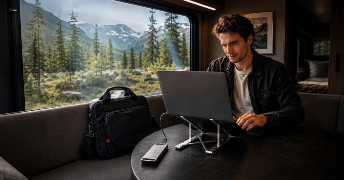 Person working on a laptop with Targus tech accessories inside a train with a scenic view outside the window.