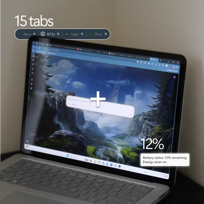 Laptop screen showing a browser with 15 tabs open and the Halo Edge theme. A battery indicator reads 12% with a note saying energy saver is on.