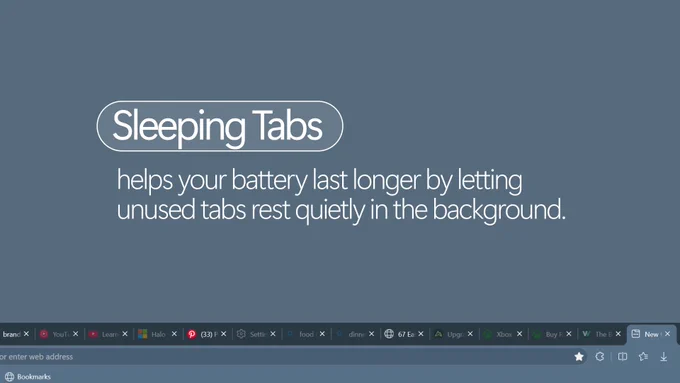 Graphic with text explaining that Sleeping Tabs helps the battery last longer by letting unused tabs rest in the background. A row of browser tabs is shown along the bottom.