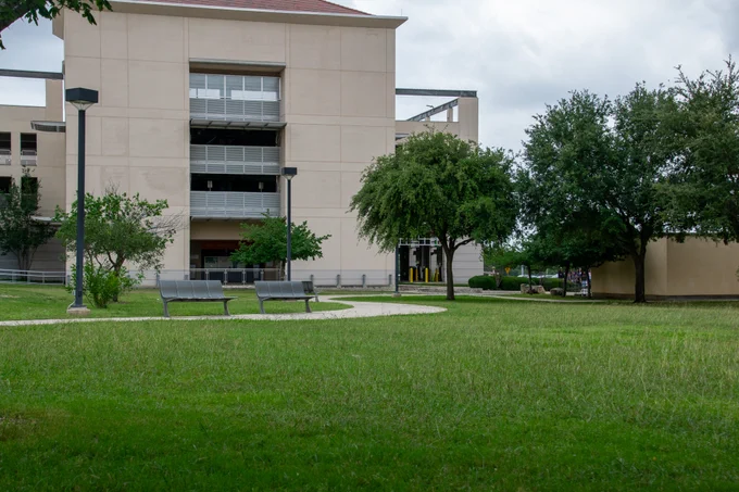 A spacious grassy area with a few trees and two benches in front of a multi-story building. The building has a modern design with large windows and beige walls. Overcast sky above.