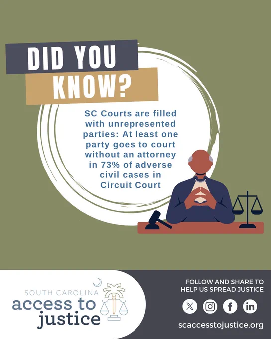 Infographic titled "Did You Know?" highlighting that 73% of civil cases in SC Circuit Court involve unrepresented parties. Includes South Carolina Access to Justice logo.