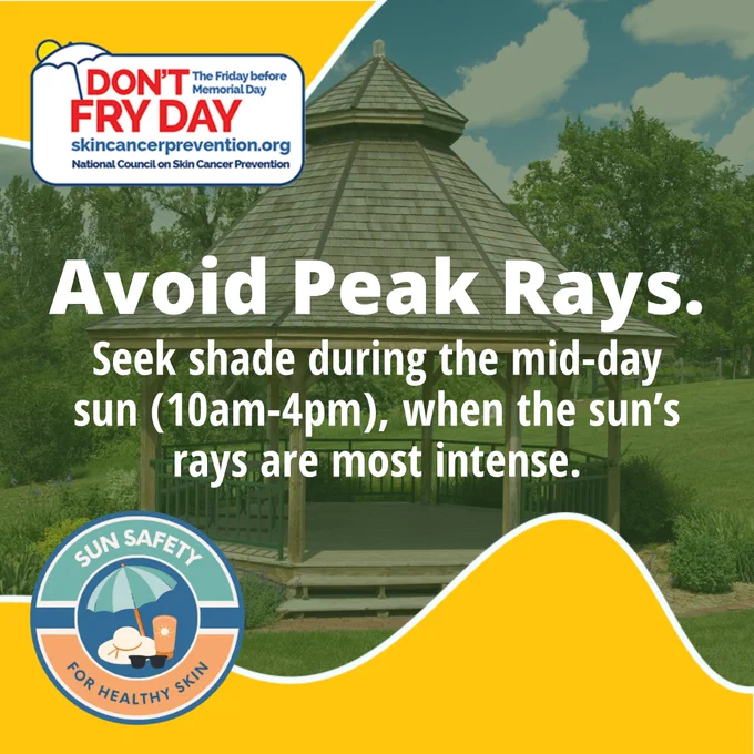 An outdoor pavilion with a large canopy for shade. The text says, "Avoid Peak Rays. Seek shade during the mid-day sun (10 am-4 pm), when the sun's rays are most intense. Sun safety for healthy skin. Don't Fry Day. The Friday before Memorial Day. National Council on Skin Cancer Prevention. skincancerprevention.org" 