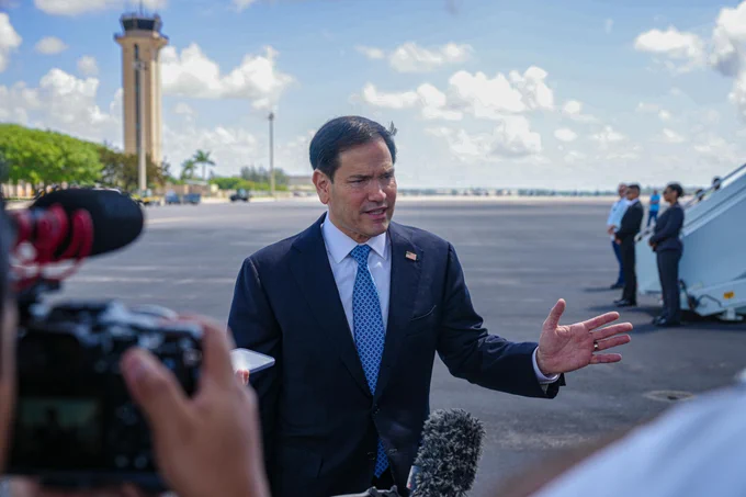 Secretary Marco Rubio meets with the press before departing Homestead Air Base, Miami, Florida, en route to Sweden, May 21, 2026. (Official State Department photo by Freddie Everett)