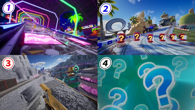 Upper Left: Dash panels from E-Stadium
Upper Right: Item Boxes from Ocean View
Lower Left: Shortcut from Crystal Mine
Lower Right: Travel Ring mystery CrossWorld