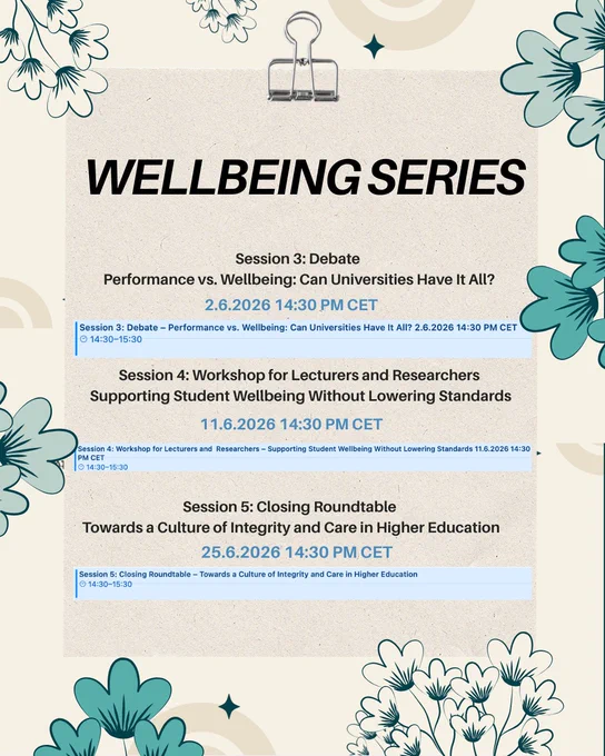 Promotional poster for a series of events focusing on wellbeing in higher education. The visual design includes floral patterns and lists three sessions with dates and times.
