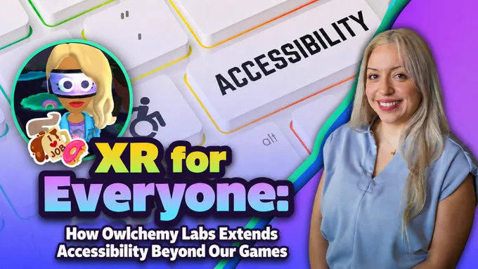 A colorful promotional graphic for an Owlchemy Labs accessibility feature article. The background shows a close-up keyboard with a large “ACCESSIBILITY” key and accessibility icon. On the left is a circular avatar portrait of Jazmin in VR style, wearing a futuristic headset and holding a colorful item. Large bold gradient text in the center reads “XR for Everyone:” with smaller white outlined text underneath reading “How Owlchemy Labs Extends Accessibility Beyond Our Games.” On the right is a smiling portrait of Jazmin, Owlchemy Labs’ Head of Accessibility, wearing a light blue blouse against a purple and pink graphic background.