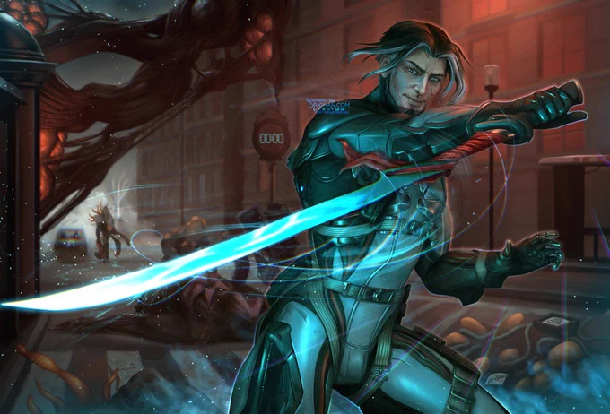 An illustration of Arthur Nightingale from Warframe 1999. He is wielding his sword in a showoff fashion while smirking at the "camera". His expression is confident and is illuminated by the teal blue glow of the exalted energy being cast around the blade and particles and light effects that cut the grim atmosphere of the infested plagued street of Höllvania, which features techrot mobs splayed across the floor beneath an intense red light.