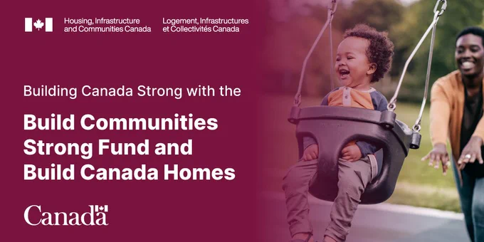 Build Canada Strong with the Build Communities Strong Fund and Build Canada Homes. An adult pushing a child on a swing set.