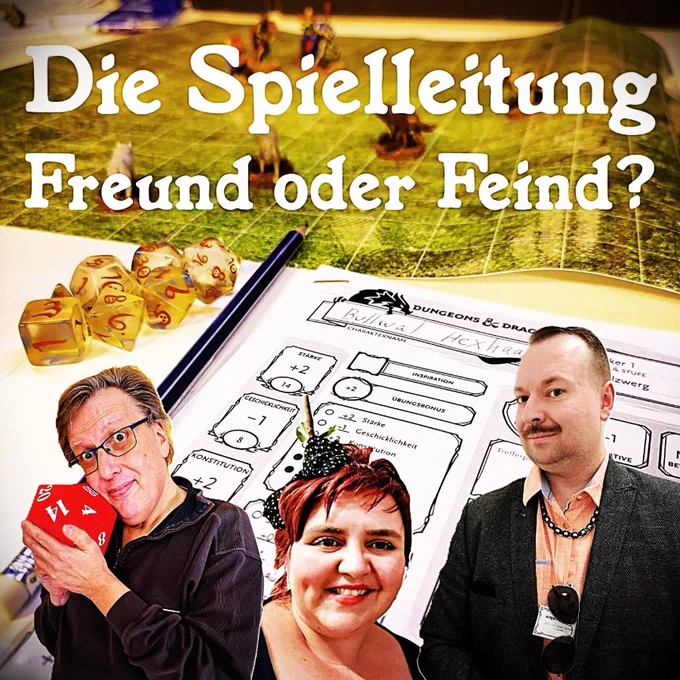 Ralf, Elea und Philipp auf dem Titelbild des neuen Trashtalk-Podcasts unter der Überschrift "Die Spielleitung - Freund oder Feind"