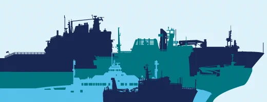 Des silhouettes de plusieurs navires se superposent dans des nuances de bleu sur un fond clair, mettant en évidence la diversité des tailles et des structures des bateaux.