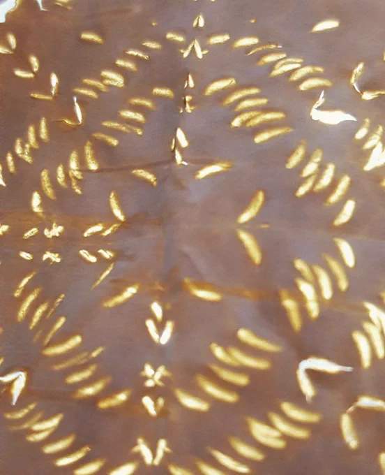 Close-up of a brown surface with symmetrical patterns of small, glowing golden shapes arranged in circular formations.