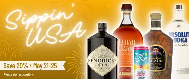 Four bottles of spirits and a ready to drink cocktail. Text: Sippin' USA. Save 20% May 21-25. Please sip responsibly.