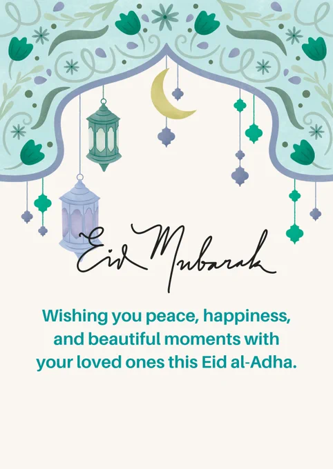 A festive Eid al-Adha card featuring decorative lanterns and a heartfelt message. The design includes a crescent moon and floral patterns, evoking a sense of celebration and warmth.