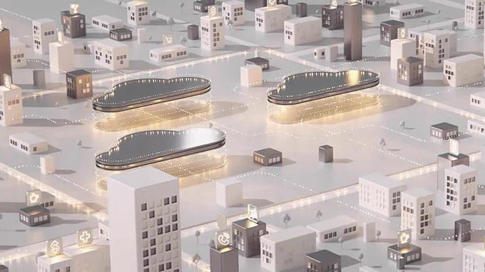 A minimalist 3D cityscape with small geometric buildings arranged in a grid, centered around three glowing cloud-shaped structures representing digital or cloud infrastructure. Icons on nearby buildings symbolize sectors like healthcare, finance, communication, and data.