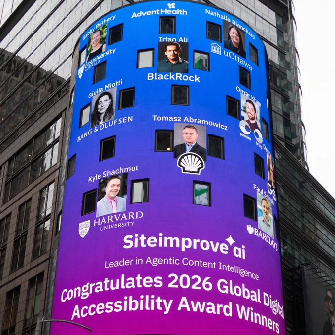 A busy Times Square intersection with pedestrians in the foreground. The full curved Nasdaq building is visible, with the Siteimprove.ai 2026 Global Digital Accessibility Award Winners billboard prominently displayed on its digital facade.