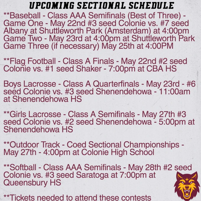 COLONIE ATHLETICS
2026 Spring Sports Post Season
Spring Brackets - https://section2athletics.org/sports/2026/5/7/Spring 2025-2026.aspx
Tickets - https://gofan.co/app/school/NYSPHSAAII
