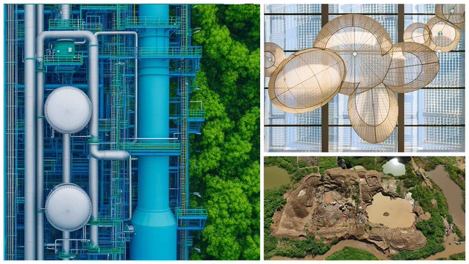 A triptych image showing: left, a vibrant blue industrial structure surrounded by green trees; top right, artistic woven lamps with a soft glow against glass; bottom right, an aerial view of a weathered archaeological site.