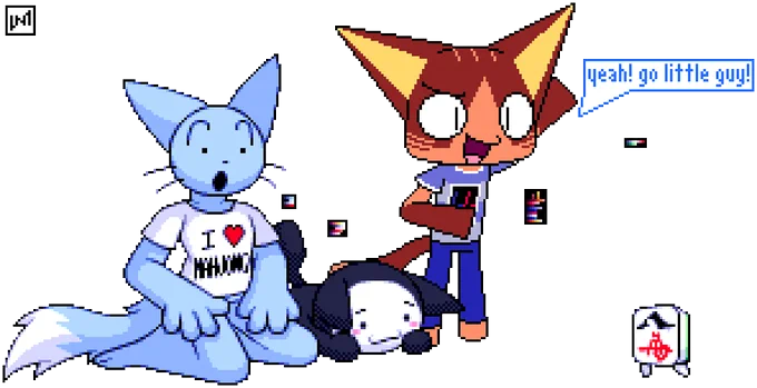 Henry Fauntleroy Cat (who is wearing an "I ❤️ MAHJONG" shirt) and Equal-Chan look on the Mahjong buddy as it does a little jig, Rupineko cheers on it saying "yeah! go little guy!"