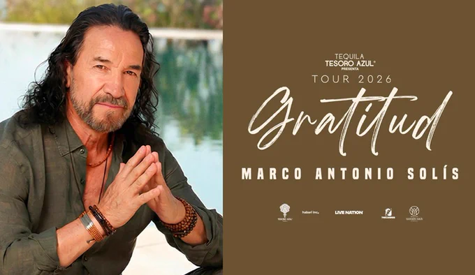 Promotional image for Marco Antonio Solis\u2019s Tour 2026 Gratitud. TEXT: Tequila Tesoro Azul presenta. Tour 2026. Gratitud. Marco Antonio Solis. Tesoro Azul. Habari Inc. Live Nation. Thelayends. Mansion Solis.