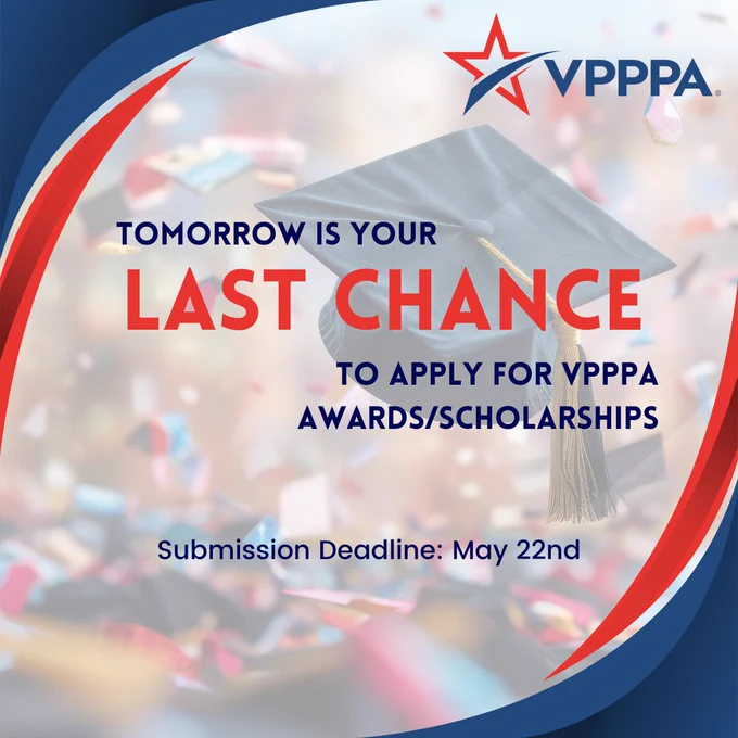 Image of a graduation cap surrounded by confetti. The text reads: "Tomorrow is your last chance to apply for VPPPA awards/scholarships. Submission deadline: May 22nd." The VPPPA logo is in the top right corner.