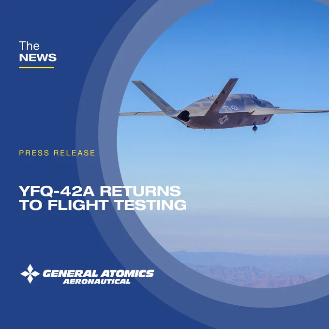 YFQ-42A uncrewed combat jet flying over mountainous terrain during flight testing by General Atomics Aeronautical Systems, Inc.