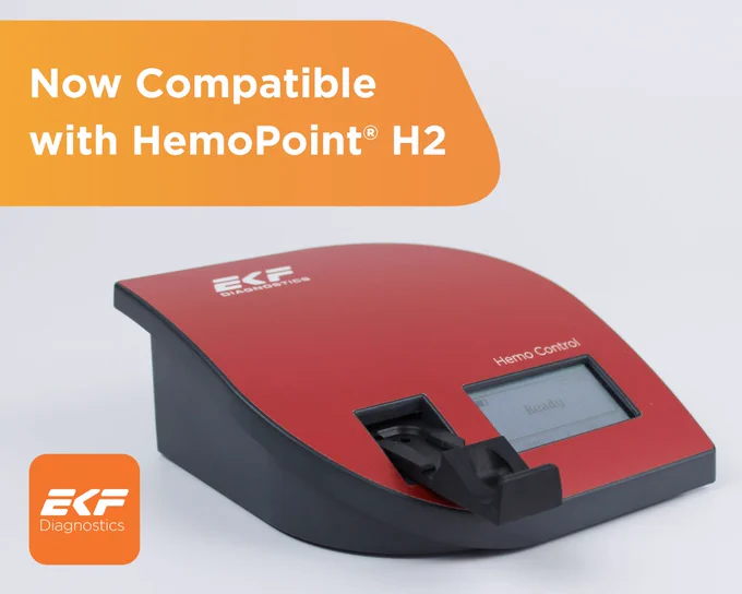 EKF Diagnostics' red Hemo Control device compatible with HemoPoint H2, shown on a white background with compatibility text.
Text reads: "Now Compatible with HemoPoint H2".