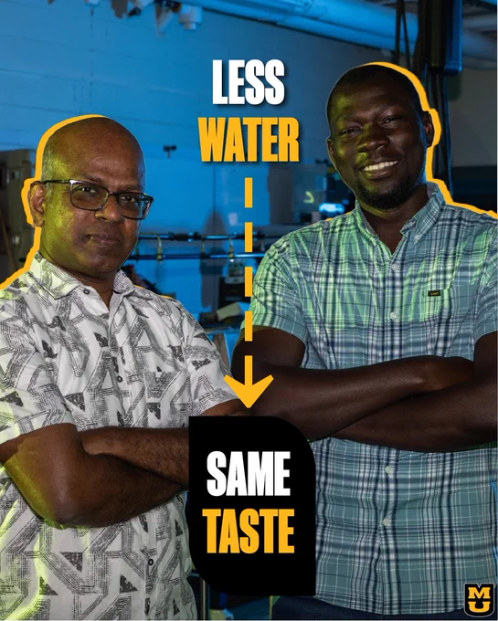 A graphic featuring Associate Professor Noel Aloysius (left) and graduate student Moussa Theodore Yatta. Copy on the graphic reads, "Less water, same taste," with black and gold detailing.
