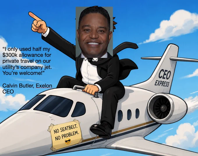 A satirical cartoon image of a person on a private jet labeled 'CEO Express', with humorous text overlay. The mood is humorous and critical.