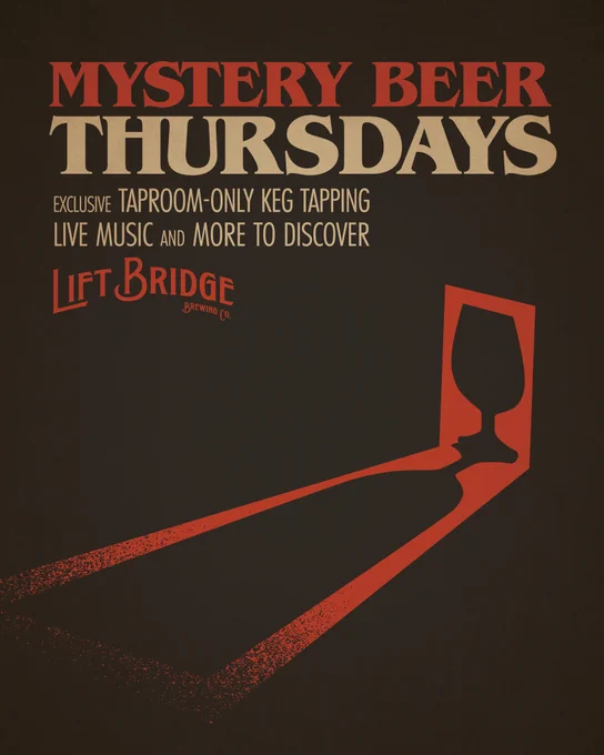 A promotional poster for Mystery Beer Thursdays at Lift Bridge Brewing Co. featuring taproom-only keg tapping and live music in a mysterious, vintage design.