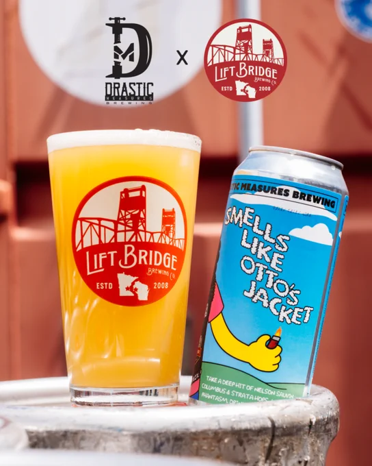 A glass and can of beer from a collaboration between Drastic Measures Brewing and Lift Bridge Brewing Co. The beer is named 'Smells Like Otto's Jacket.'