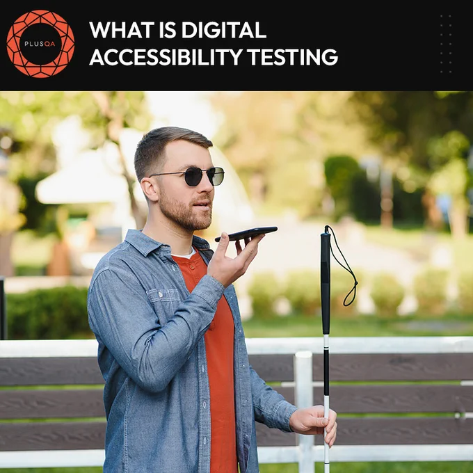 Blind man with sunglasses and a mobility cane in a park, speaking into a cell phone he is holding up to his mouth.