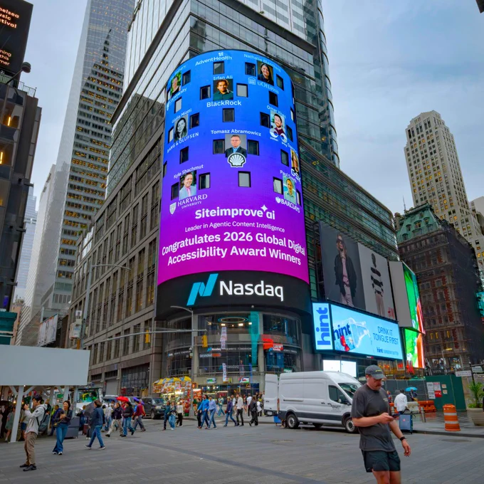 A large digital billboard on the Nasdaq Tower in Times Square, New York, displays the logos of the 2026 Siteimprove Global Digital Accessibility Awards winners against a deep blue background. The Siteimprove.ai logo appears beneath company logos for AdventHealth, Bang & Olufsen, Barclays, BlackRock, CQUniversity Australia, GSK, Harvard University, Posten Bring, Shell, and the University of Ottawa.