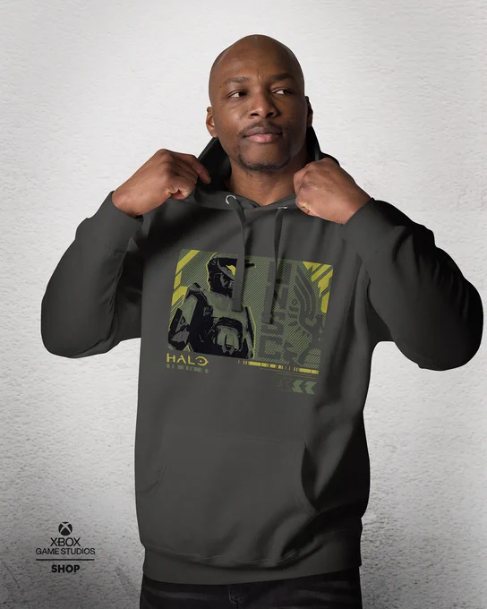 A model sporting a grey hoodie featuring Master Chief
