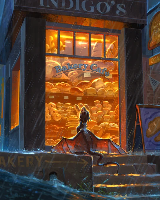 A digital illustration of a little brown/red dragon on the curb outside a bakery in the pouring rain. The bakery window is golden, warm, and alluring. The colors outside are cold and blue. The dragon just wants to be inside!