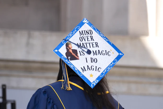 Mortarboard with a cutout of Frank Ocean’s Blonde cover. Text: “Mind over matter is magic, I do magic.” (Photo by Adam Lau/UC Berkeley Engineering)